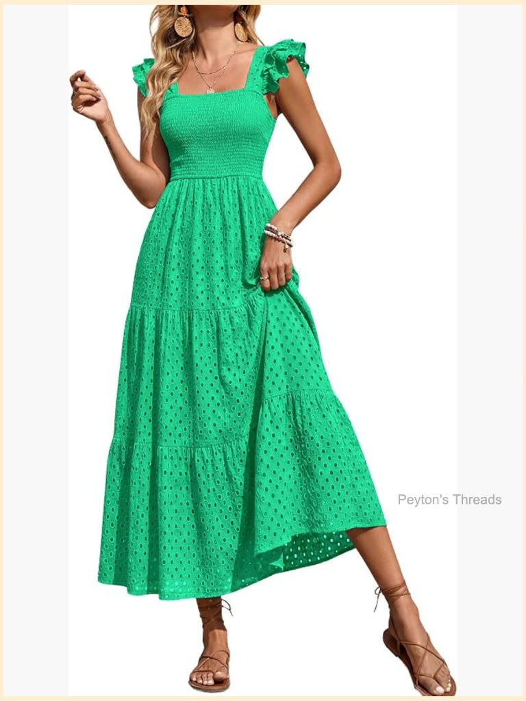 Square Neck Cap Sleeve Smocked Tiered A-Line Maxi Dress With Pockets
